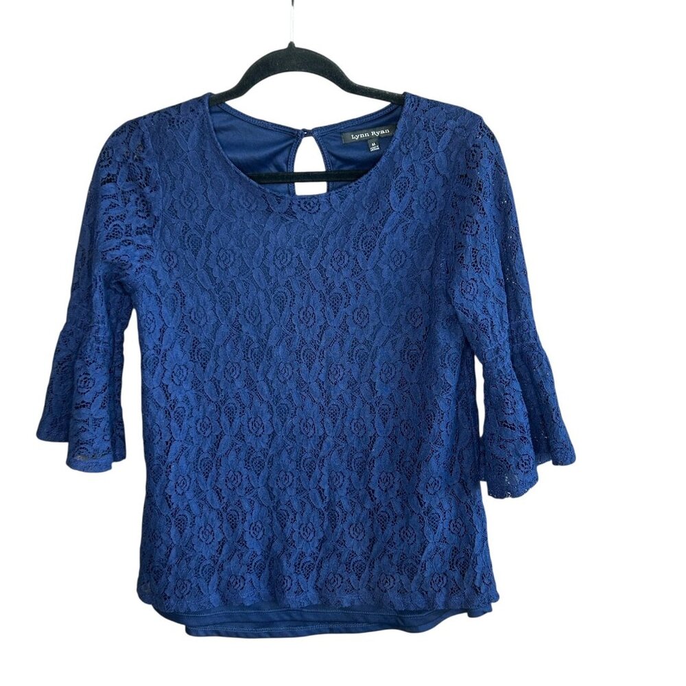 Lynn Ryan Royal Blue Lace Flutter Sleeve Blouse Size Medium